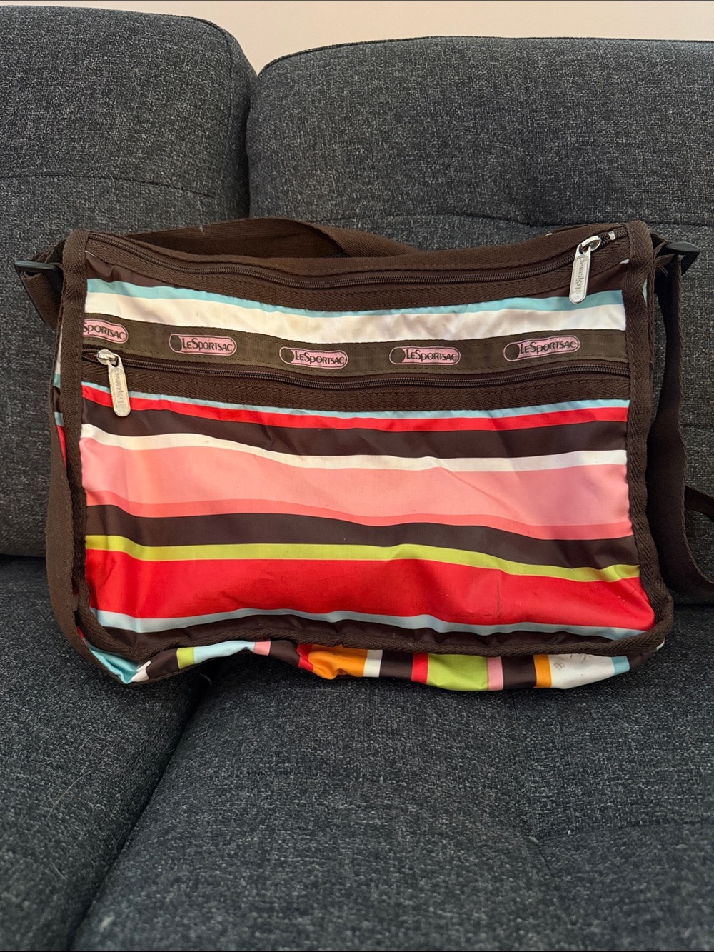 LeSportsac Brown Multi-Stripe Crossbody Messenger Bag